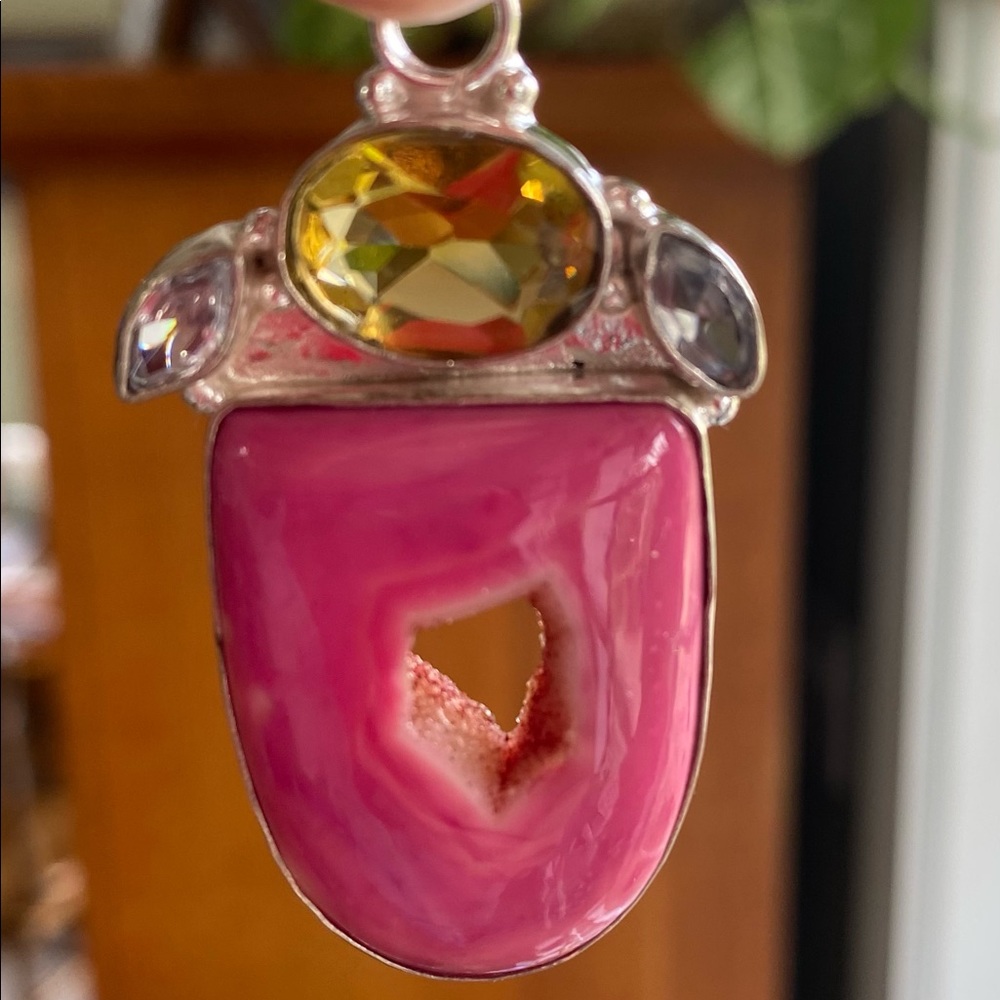 Beautiful hand crafted Pink Druzy, faceted Citrine and Amethyst pendant.